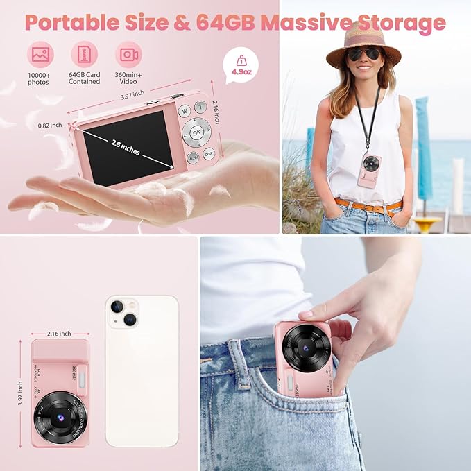 64MP 4K Digital Camera, Hoestr 18X Zoom Autofocus Point and Shoot Compact Camera with 64GB TF Card, Flash, 2.8" LCD Screen for Teens Gifts Adult Beginner Travel Photography Vlogging (Pink)