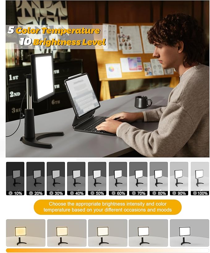 10000 Full Spectrum, UV-Free Light LED Sunlight Lamp with 3 in 1 Mount, Timer & Adjustable Brightness, Portable, Daylight for Office Reading Morning Routine