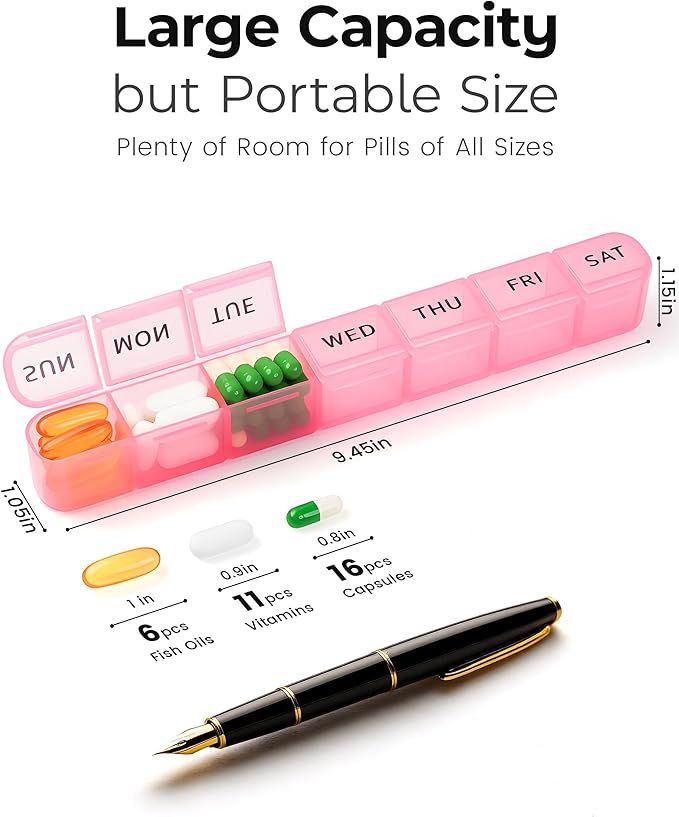 Daviky 2 Pack Weekly Pill Organizer, Large Pill Box 7 Day, AM PM Travel Medicine Case, Portable Pill Container for Vitamins, Supplements & Medications - Blue & Pink