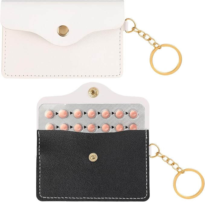 Mozeat Lens 2 Pack Birth Control Pill Case Sleeve Packet PU Leather Wallet Pill Holder Birth Control Case with Snap Closure and Keyring Contraceptive Medicine Holder for Travel Bag Backpack