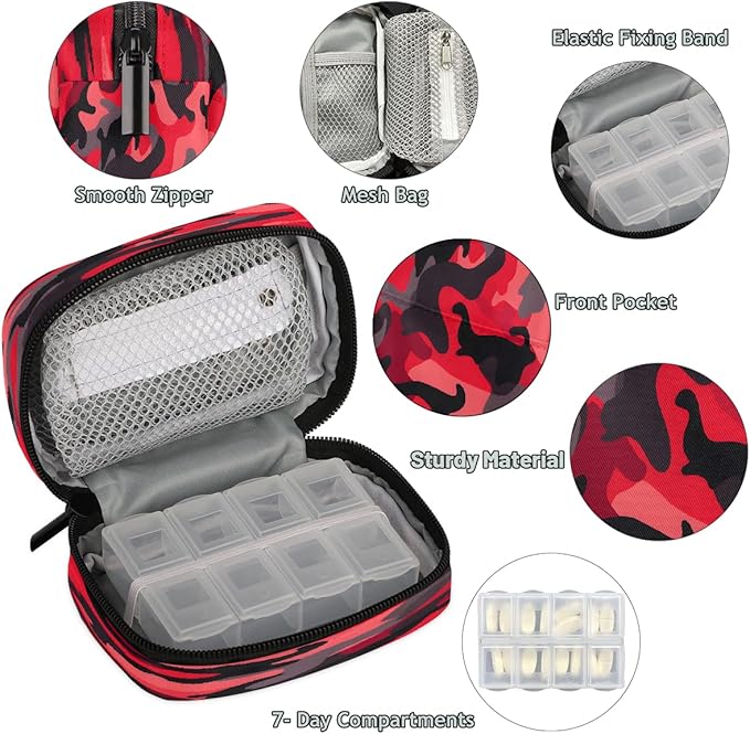 Abstract Red Camouflage Travel Pill Organizer Box Weekly Portable Pill Case Daily Pills 7 Day Small Birth Control Pills Container Removable Compartments for Medicine Vitamins Fish Oil