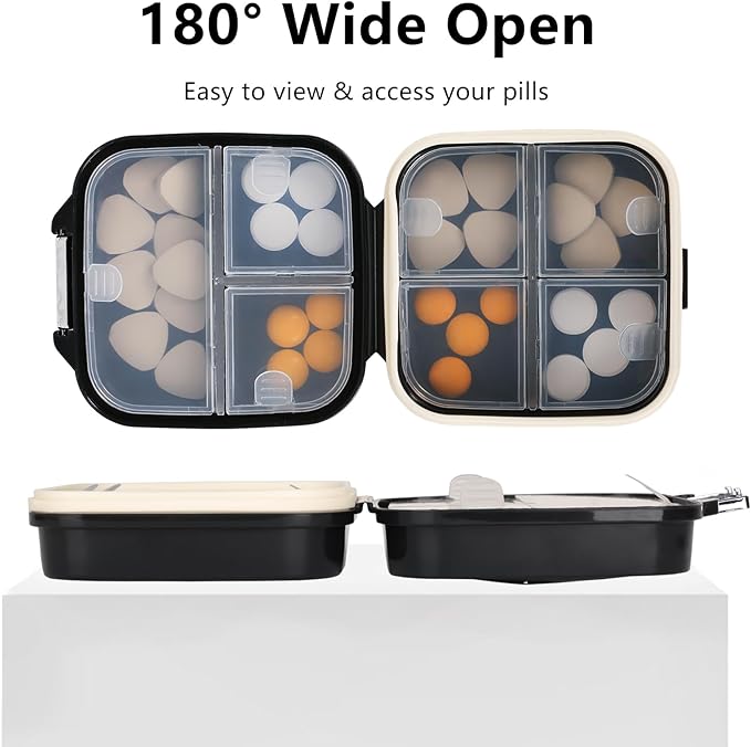 Weekly Pill Organizer, 7 Compartment Travel Pill Case with Rotatable Dose Recorder, Daily Waterproof Airtight Medicine Box for Vitamins & Supplements, Black Small