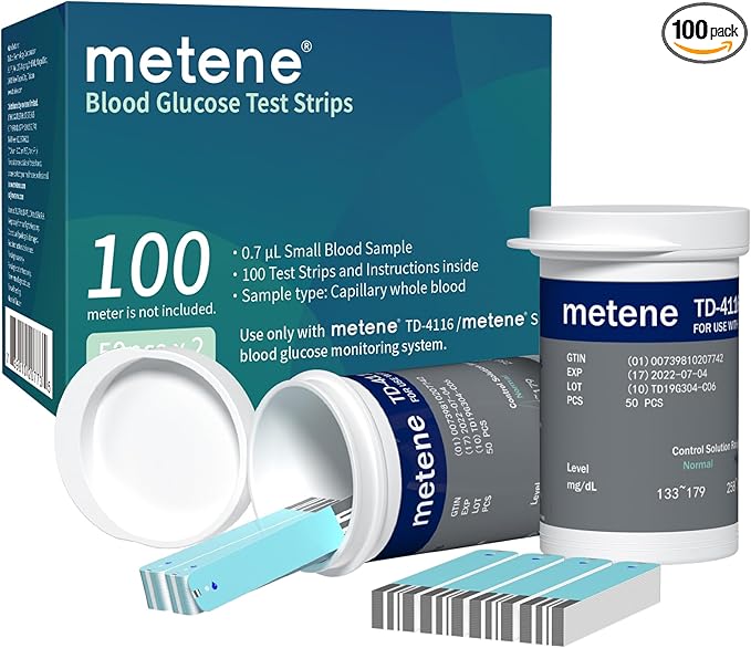 Metene TD-4116 Blood Glucose Test Strips, 100 Count Blood Sugar Test Strips for Diabetes, Use with metene TD-4116 and metene S Blood Glucose Monitoring System Only(No Monitor)