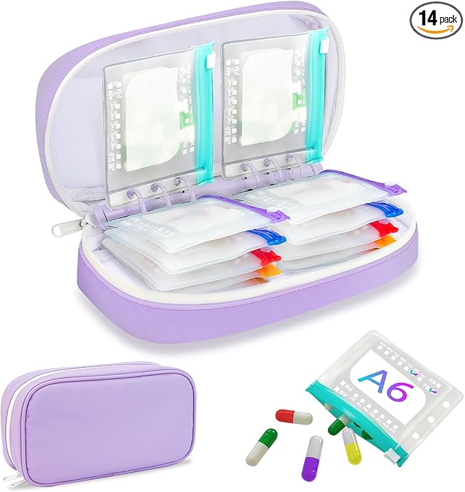 Weekly Pill Organizer 2 Times a Day - Timueetech A6 Waterproof 14 Pill Pouch Bags for Travel, BPA-Free Medicine Storage with Labels & Self-Sealing Design for Vitamins and Supplements, Purple