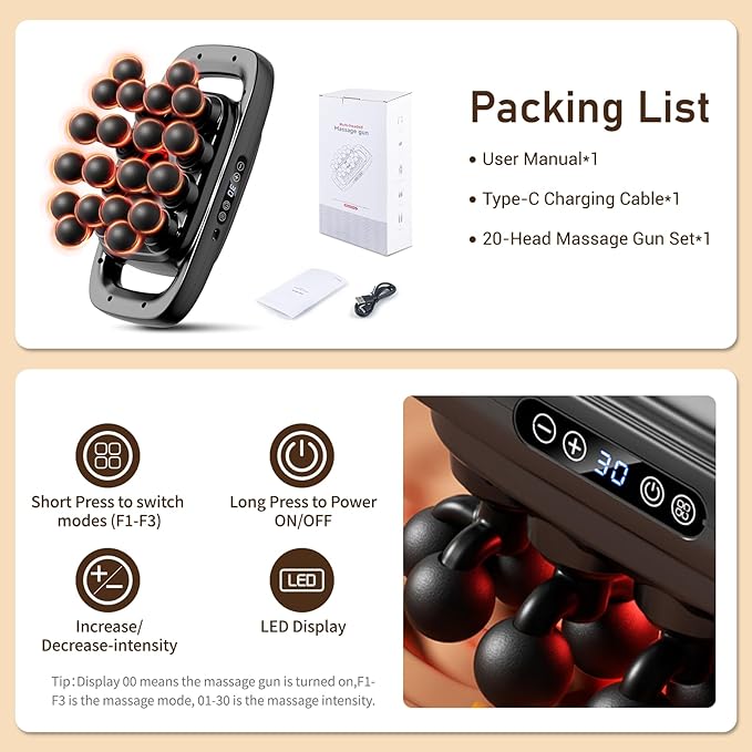 20 Heads Massage Gun Deep Tissue, Valentine's Day Gifts, Deep Tissue Massager with 3 Modes & 30 Levels & Ultra-Quiet, Handheld Body Massager for Back, Neck, Shoulders and Legs