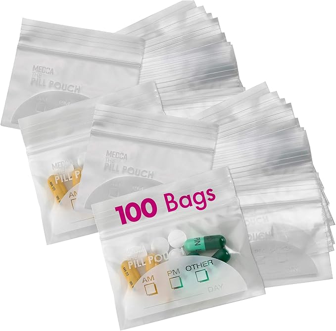 Pill Pouch Bags - (Pack of 100) 3" x 2.75" Pill Baggies and Disposable Plastic Travel Pill Bags with Write-on Labels