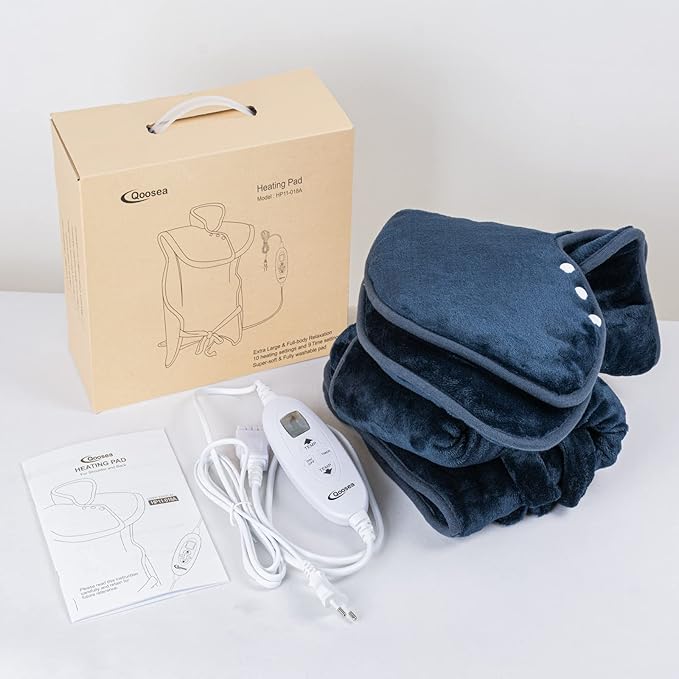 Qoosea Electric Heating Pad for Neck and Shoulders Back Relaxing 24'' x 39'' XL Weighted Heat Wrap with Fast-Heating 10 Heat Settings 9 Timer Settings Auto Shut Off Available Machine Washable Warm