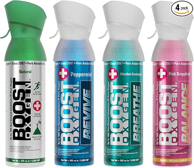 Boost Oxygen Canned Oxygen for Breathing for Home Use, Exercise, or Altitude Sickness, Includes Sealed Cap & Mask, 5L Canister, Multicolor, Pack of 4