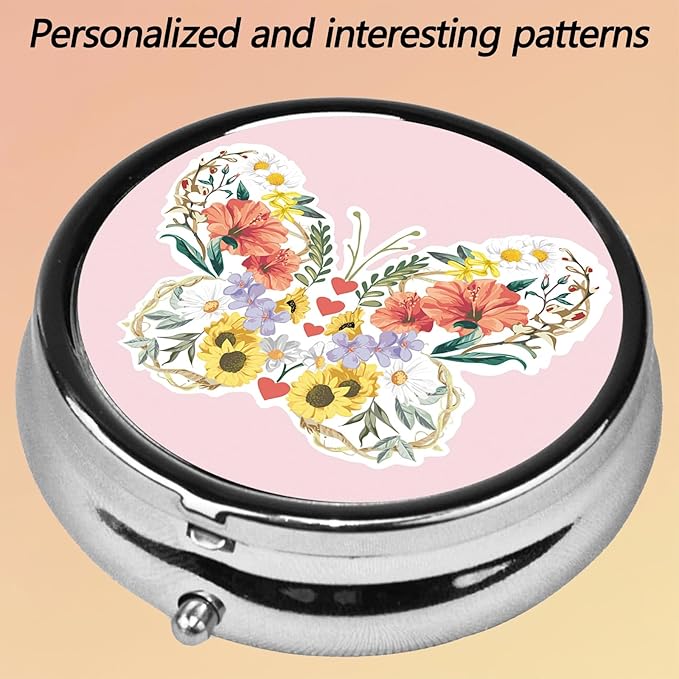 Round Pill Case Small Pill Box with Mirror Pocket 3 Compartment Vitamin Pill Medicine Case Organizer Pill Containers for Traveling Butterfly Flower Sunflower