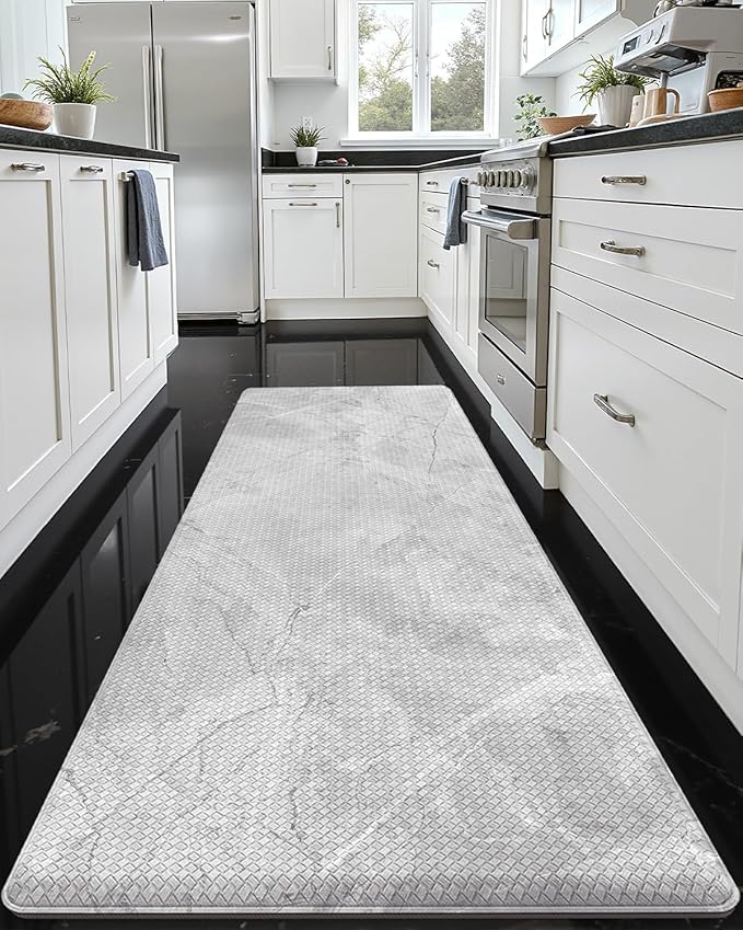 DEXI Kitchen Floor Mats Cushioned Anti Fatigue, 23x59 Large Wide Standing Comfort Runner Rug Waterproof, Marble Memory Foam Padded for Front Sink Laundry, Light Grey