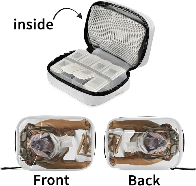 English Bulldog Aviator Pill Medicine Organizer Case 7 Day, Cute Travel Pill Box Purse Bag with Zipper, Portable Weekly Vitamin Supplement Holder