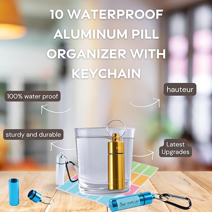 Small Portable Pill Case, (10 Pack) Waterproof Aluminum Pill Organizer with Keychain Portable Travel Case for Medications Vitamins Airtight Multiple Colors for Camping Outdoor Activities