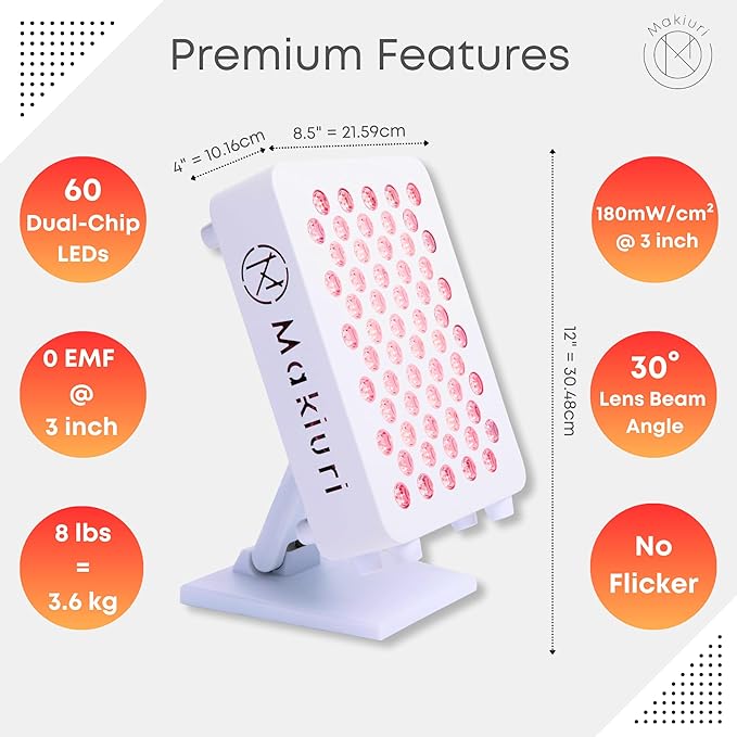 Makiuri Red Light Therapy Panel for Face & Body | 630 nm, 660nm, 810nm, 830nm, 850nm | Clinical Grade Red & Near-Infrared LED Light Therapy (5 Wavelengths) | High Irradiance | Mercury (White 60 LED)