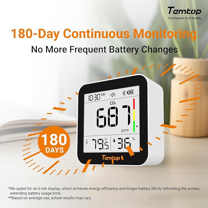 Temtop CO2 Monitor Indoor Air Quality Monitor 3 in 1 CO2 Meter(Temperature, Humidity and CO2), 180 Days Standby Time