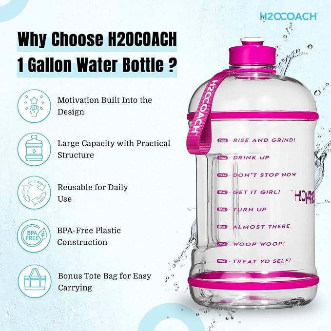 H2OCOACH 1 Gallon Hydration Jug with Time Marker & Measurements, BPA-Free Tritan Sports Drink Container, Motivational Daily Intake Tracker for Gym, Workout, & Fitness Routines (128 oz, Pretty N Pink)