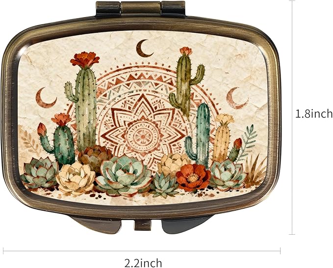 Dynippy Pill Case Pill Box with Mirror Retro Pocket 2 Compartment Medicine Case Vitamin Pill Organizer for Pocket Purse and Travel (A-Desert Moon Cactus)