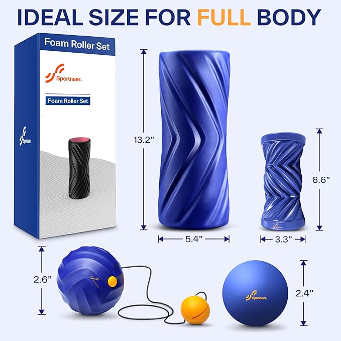 Sportneer 4 in 1 Foam Set, Muscle Relax Kit with 2 Textured Foam Pilates Rollers, Stringed Exercise Ball, Lacrosse Ball for Muscle Shoulder Back Leg Whole Body Relax Fitness Yoga