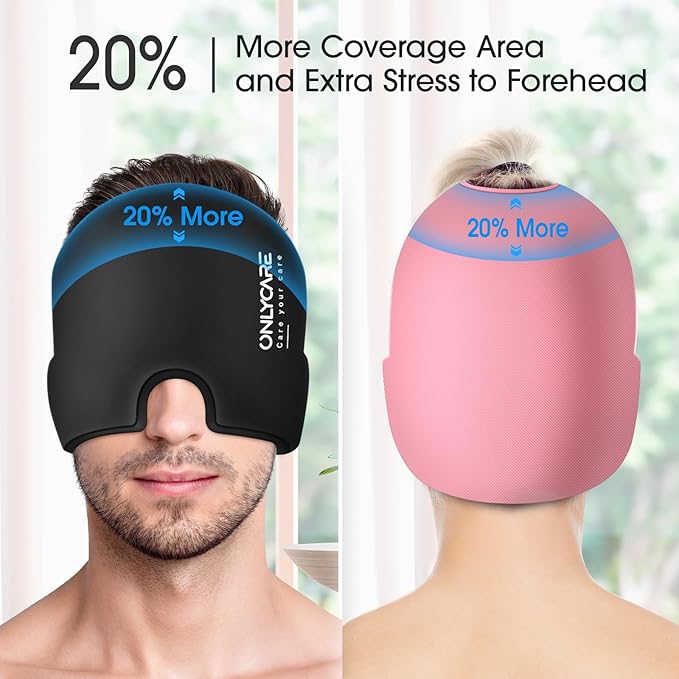 ONLYCARE Migraine Relief Cap,Soothing Migraine Mask,Upgraded Odorless Gel Ice Head Wrap, Hot and Cold Therapy, Headache Ice Pack for Tension and Stress(Black & Pink, 2 Count)