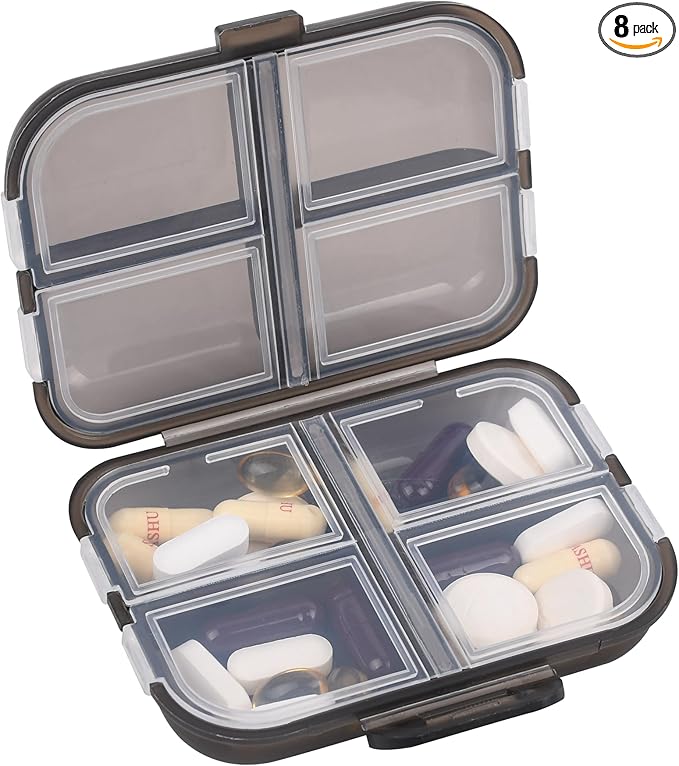 Travel Pill Organizer Small 8 Grid Compartments Pill Holder Box - Portable Medicine Container Case - Daily Weekly Medication Organizer