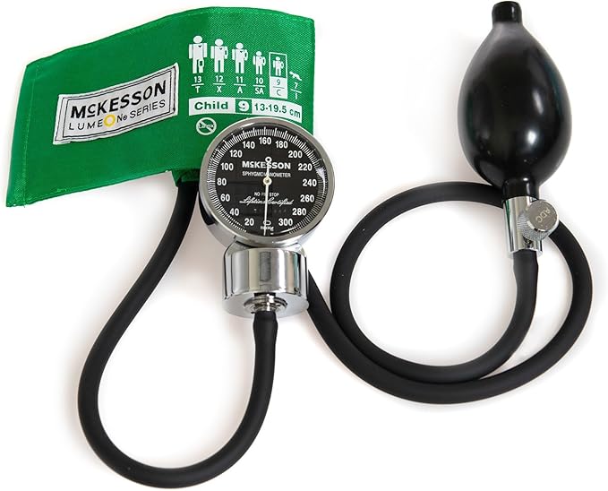 McKesson LUMEON Blood Pressure Cuff and Bulb with Gauge, Pediatric Aneroid Sphygmomanometer, Green, Child, 12 cm to 17 cm, 1 Count