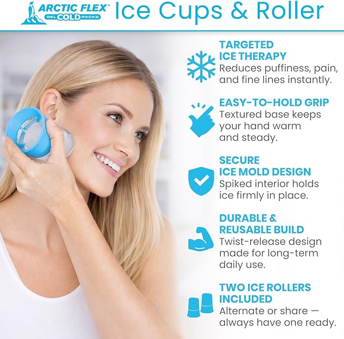 Arctic Flex Ice Roller for Face, Eyes & Neck (2 Pack) - Facial Ice Cube Roller Massager for Skin Care, Eye Bags, Migraine Pain - Reusable Silicone Ice Mold Tool Reduces Puffiness & Enhances Beauty