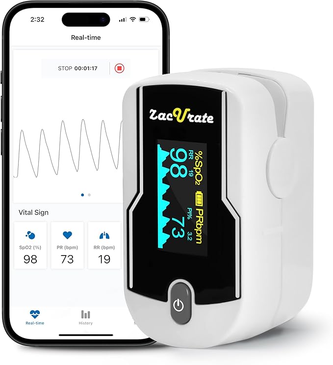 Zacurate 500E-B Wireless Bluetooth Fingertip Blood Pulse Oximeter Monitor with FREE App, SpO2, Heart Rate, Plethysmograph, and Perfusion Index Finger Oxygen Sensor Meter