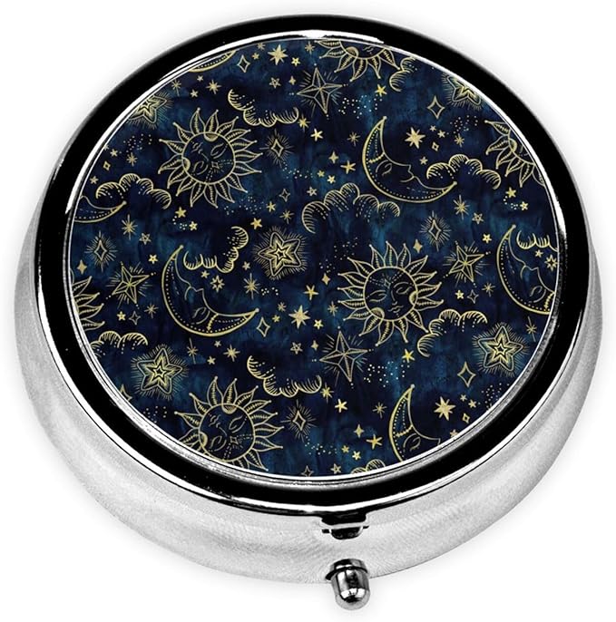 Round Pill Box,3 Compartment Mini Decorative Pocket Purse Portable Travel Medicine Tablet Vitamin Holder Organizer Pill Case,Sun Moon Boho Astrology