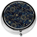 Round Pill Box,3 Compartment Mini Decorative Pocket Purse Portable Travel Medicine Tablet Vitamin Holder Organizer Pill Case,Sun Moon Boho Astrology