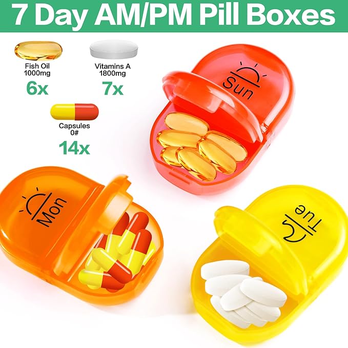 Serfeymi Weekly Travel Pill Organizer 2 Times A Day AM PM Rainbow Pill Box 7 Day with Zipper Canvas Pill Case, Medicine Organizer for Pills, Vitamins, Fish Oils - Green 01+ Purple 01