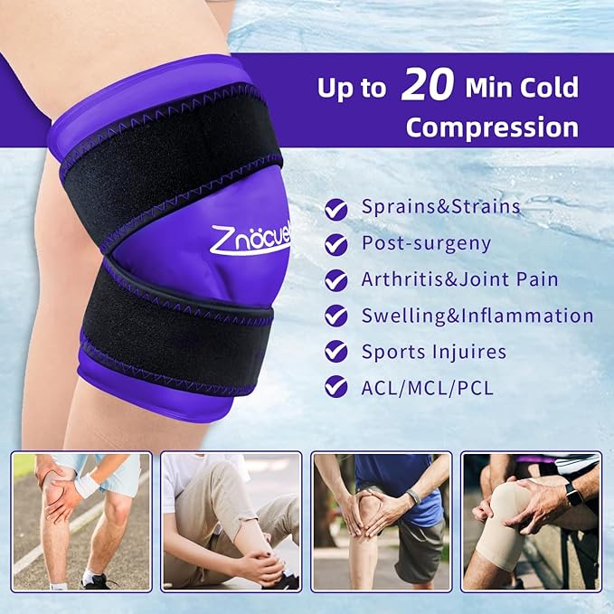 ZNÖCUETÖD Enhanced Knee Ice Pack Wrap for Pain Relief, Large Gel Ice Pack for Knee Leg Injuries Reusable with Cold Compression for Tendonitis, Arthritis, Swelling, Bruises, Surgery Recovery