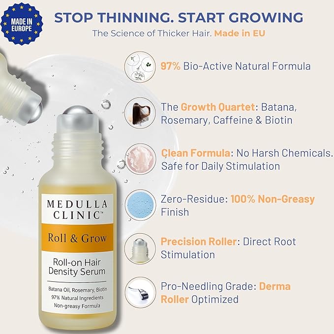 Hair Growth Serum Roll-On – 5% Rosemary, 3% Protein & 2% Caffeine – Batana Oil & Biotin for Scalp & Hair Thickening – Targeted Non-Greasy Treatment – 1 fl oz (30 ml)