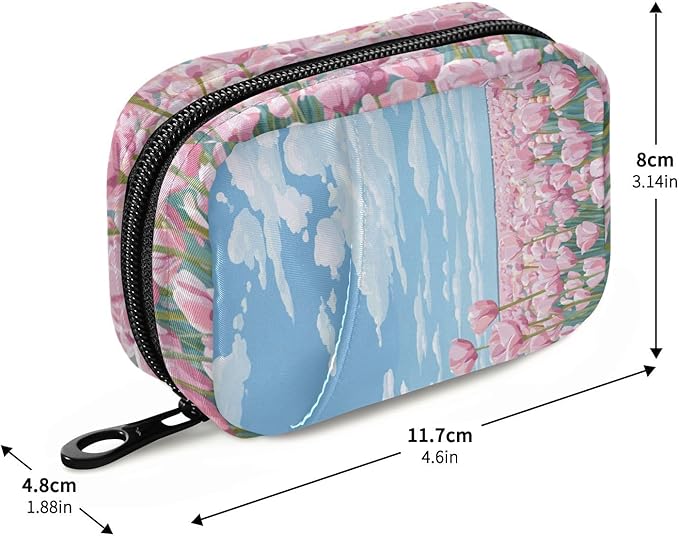 Pink Tulip Field and Blue Sky Travel Pill Organizer Case Box Container Weekly Portable Vitamin Medicine Holder Storage Bag with Zipper Removable