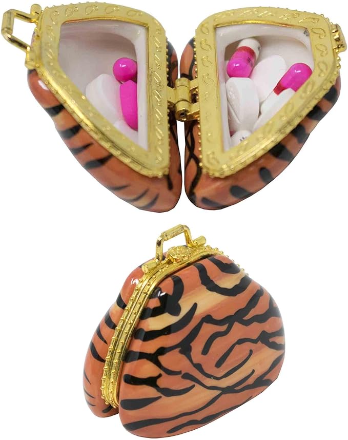 Set of 2 Ceramic Purse-Shaped Compact Pill Box & Organizer (Tiger)