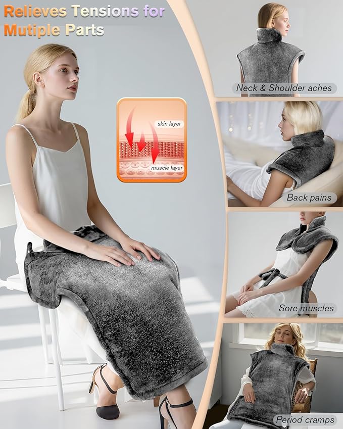 Heating Pad for Neck and Shoulders and Back Pain Relief, Electric Heat Pad Large Size 24”X33” with 4 Timers, 6 Heat Levels, Auto-Off, Birthday & Mothers Day Gifts for Women Men Mom Dad, Dark Gray