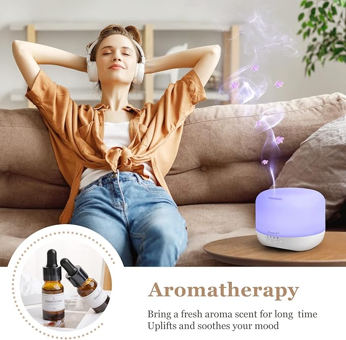 Aromatherapy Essential Oil Diffuser for Room: 500ml Colorful Aroma Air Humidifier with Adjustable Cool Mist Mode, Waterless Auto Off Ultrasonic Diffusers for Large Room Home Office(White)