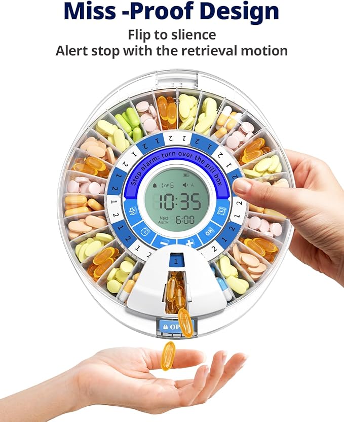 Betife 2nd Gen Automatic Pill Dispenser for Elderly with Alarm – 28 Slots, Key Locked, Alarm & Light Reminder, Mix-Proof, XL Display, 6 Dosage Rings，Easy Setup for Daily Medication