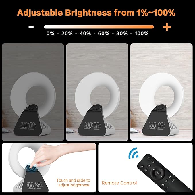 Voraiya Light Therapy Lamp 10000 Lux with Bluetooth, 8 White Noises, Dimmable Wake Up Light Sunrise Alarm Clock, 4 Timer Settings, Memory Function for Sensitive Sleepers and Home Office