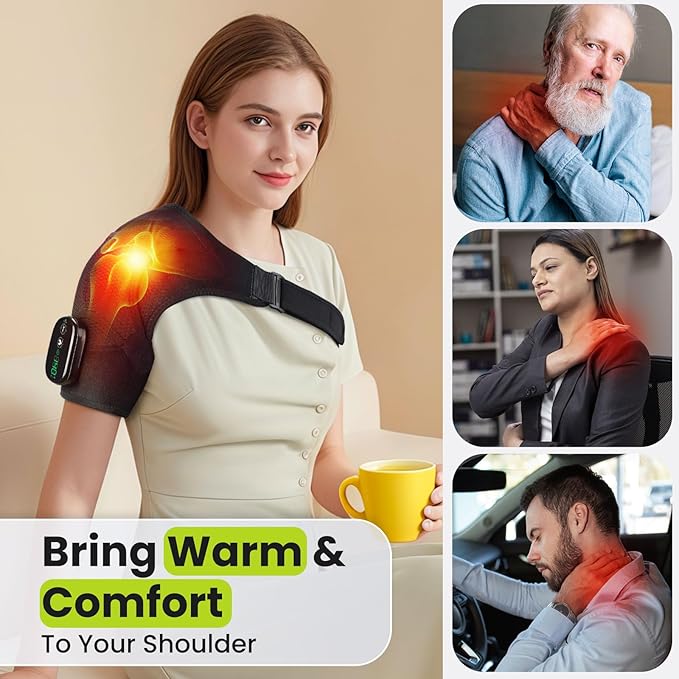 Cordless Shoulder Heating Pad with Vibration for Rotator Cuff Pain Relief, Heated Shoulder Massage Pad, Rotator Cuff Support Brace with 3 Heating Levels &3 Vibration (Black)