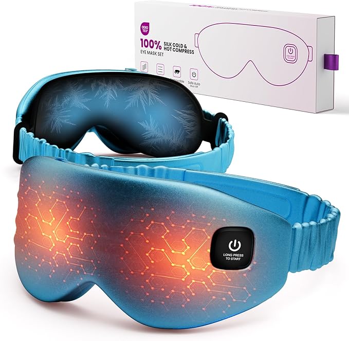 100% Silk Wireless Heated Eye Mask with Cooling - 3 Heat Settings, for Dry Eyes, Puffiness & Dark Circles - Adjustable, Washable, Travel-Friendly (Blue)