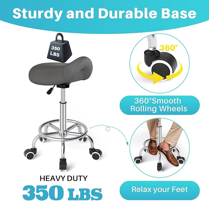 YEEZEE Saddle Stool Ergonomic- Comfortable Rolling Saddle Stool with Wide Thick Saddle Seat Padding, Swivel Adjustable Saddle Chair with Wheels and Ring Pedal for Medical Massage Salon (Grey)