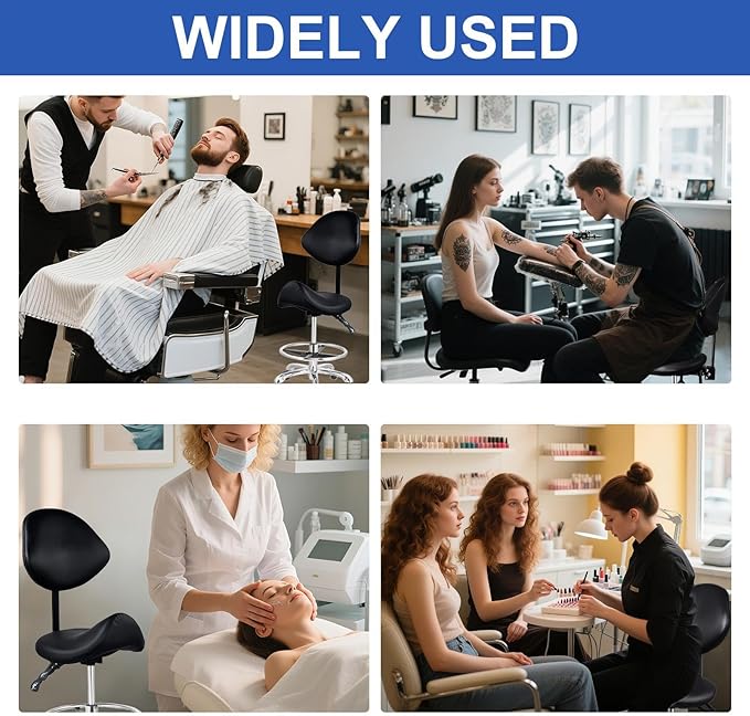 Saddle Stool with Adjustable Backrest and Footrest, Hydraulic Height Swivel Saddle Chair Ergonomic Rolling Stool with Wheels, Heavy Duty SaddleChair for Beauty Salon Spa Dentist tattooshop (Black)
