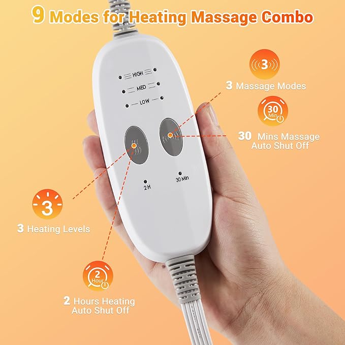 Weighted Electric Heating Pad with Massaging Vibrations, 6 Settings - 3 Heat, 3 Massage - 9 Relaxing Combinations, 12" x 24", 4 Lbs, Waffle Grey