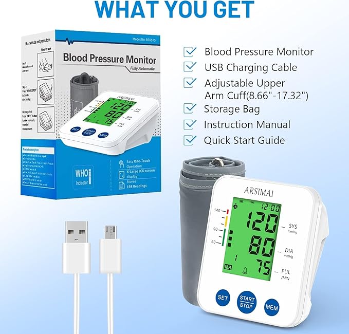 Blood Pressure Monitor Accurate Automatic Upper Arm High Blood Pressure Monitors Portable LCD Screen Powered by Battery with Adjustable Cuff and Storage Bag -White