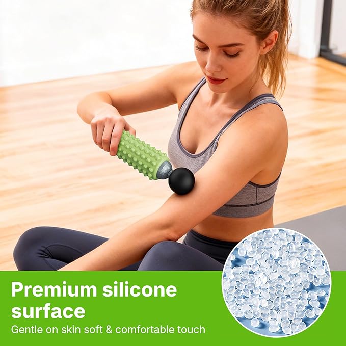 Mini Electric Massage Roller 4 Speeds Vibrating Massage Ball, 2-in-1 Portable Muscle Massager Gun & Roller for Muscle Relief, Detachable Heads, Rechargeable, For Fitness, Office, Travel (Green)