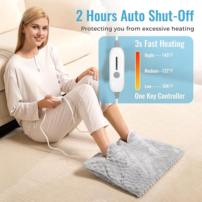 Electric Heated Foot Warmer Soft Flannel Foot Heater with 2h Auto Off & 3 Heat Levels Full Body Use Heating Pad for Feet, Abdomen, Cramps, Pain Relief Pocket Design 16" x 22" Light Grey