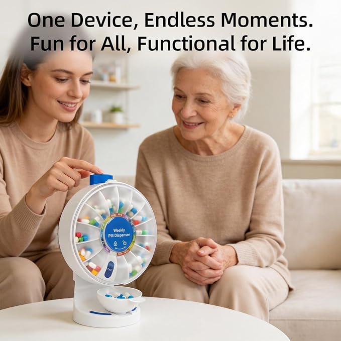 Weekly Pill Dispenser, 14 Compartment Large Pill Organizer with One-Press Button, Wall Mount or Countertop Pill Dispenser with Cup, Easy Vitamin & Medication Organizer for Elderly (Blue)