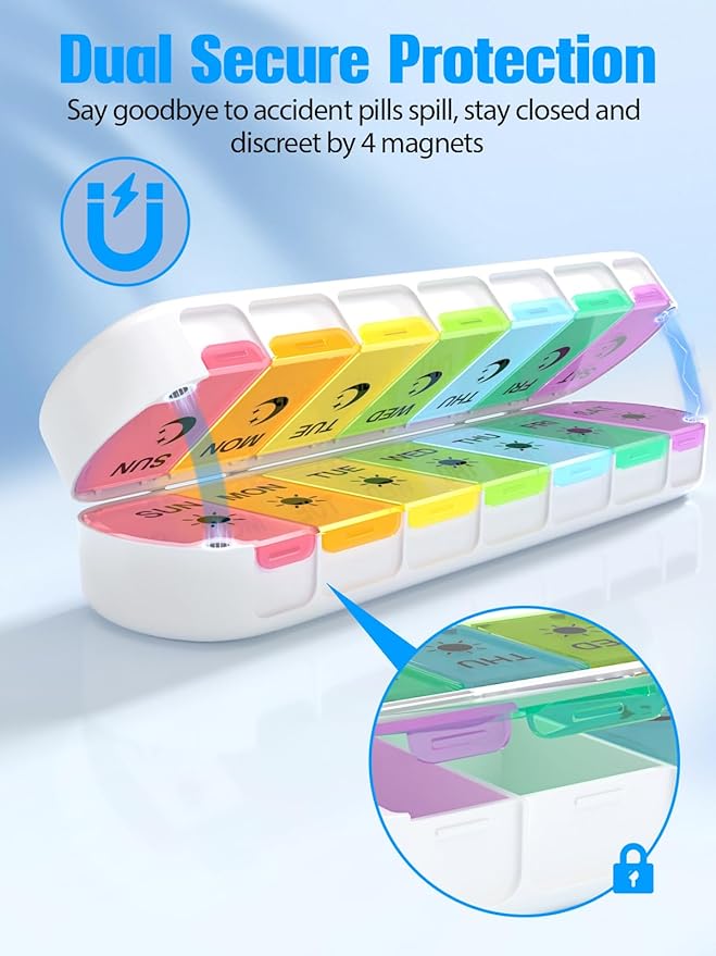 Magnetic Foldable Weekly Pill Organizer 2 Times a Day,Gelibo 7 Day AM PM Pill Box with Dual-Protection,BPA-Free Large Travel Pill Case for Vitamins/Fish Oils/Supplements,Easy to Open for Arthritis