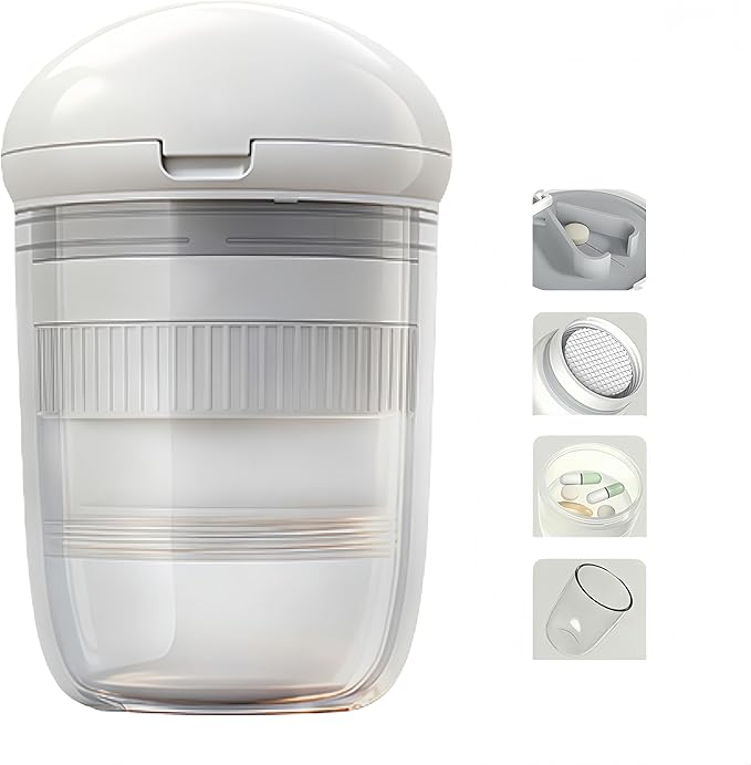 Multifunctional Pill Box, 4-in-1 Pill Organizer with Pill Cutter, Crusher & Water Cup, Compact Pill Case for On-the-Go Use (White)