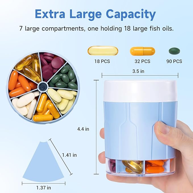 Daviky Pill Bottle Organizer, Supplement Organizer with 7 Large Compartments, Travel Pill Dispenser Round Pill Box with Two Lids（Blue）