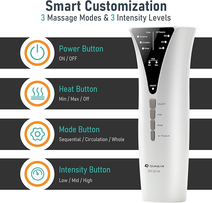 QUINEAR Leg Massager with Heat and Air Compression,Foot and Calf Massager for Circulation and Pain,Compression Boots with 3modes and 3 Intensities